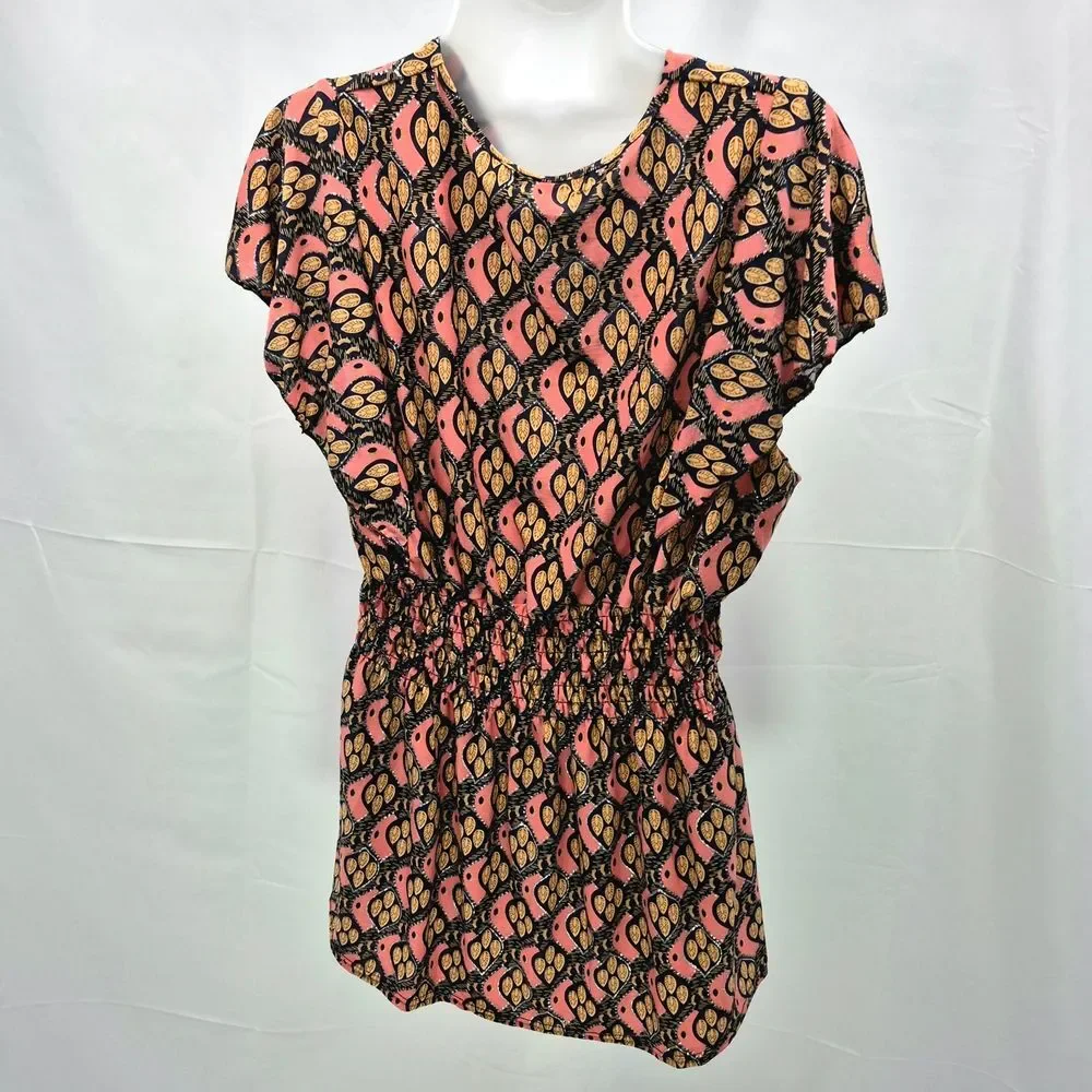 ACE Fashion Boho Peasant Blouse Tunic Top Pink Black Gold Smocked Waist V-Neck L - Picture 3 of 6
